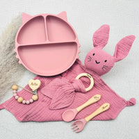Coffret cadeau de naissance bébé rose personnalisé, prénom Melia et Manon, assiette silicone chat, couverts bois gravés, doudou plat coton, anneau de dentition gravé, attache tétine personnalisée